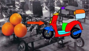 Naranjas por 'burras'. Fondo: Los talleres de Mymsa en 'Soler y Rovirosa'.